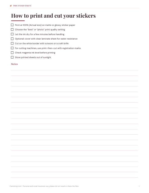 Preview of Printable Pink Sticker Printing Guide